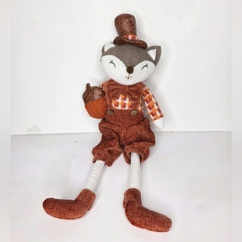 Autumn Fall Plush Fox Shelf Sitter Figurine with Brown Plaid Outfit